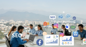 A wide banner image showing students in a modern classroom using laptops for digital marketing training. Include SEO icons, social media logos (Facebook, Instagram, Google), graphs, and charts. The background should feature Dehradun’s cityscape with mountains. Clean, professional, and tech-inspired look. Ideal for a training website