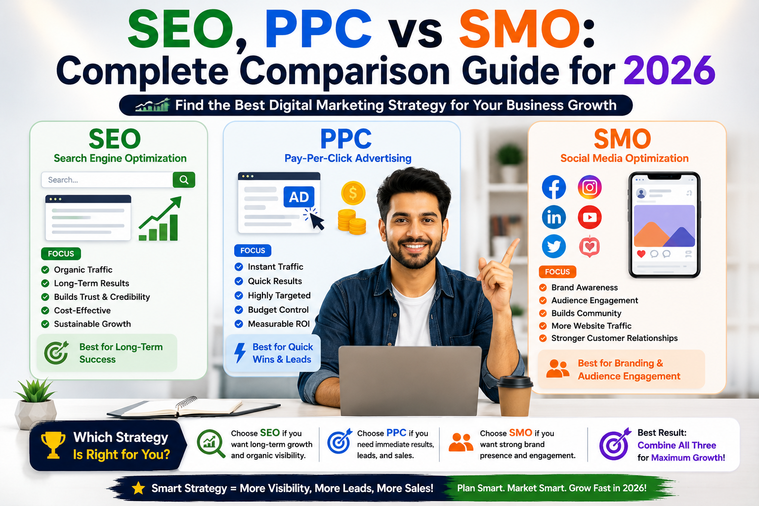 SEO, PPC vs SMO: Complete Comparison Guide for 2026